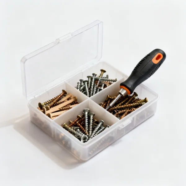 An open compartment box of assorted wood screws