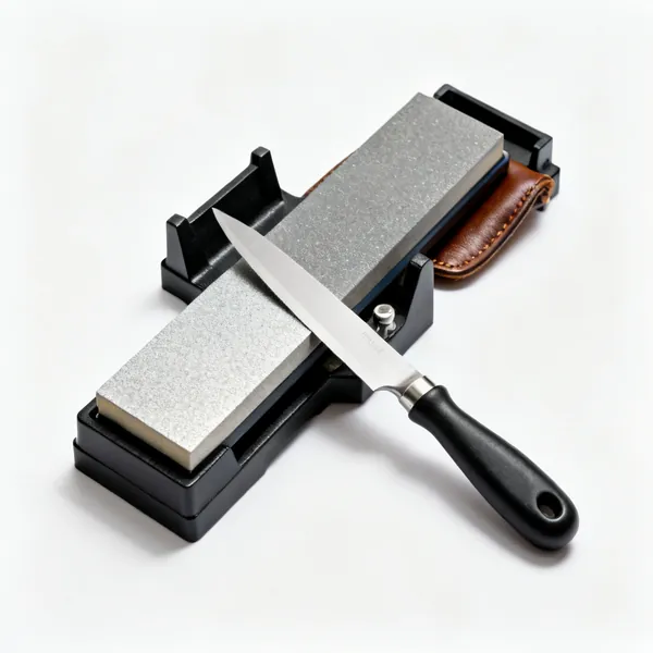 Sharpening kit: A diamond sharpening stone with a honing guide jig and a leather strop