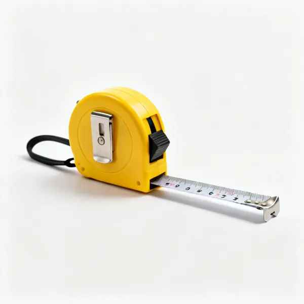 A retractable steel tape measure with a yellow case, blade partly extended