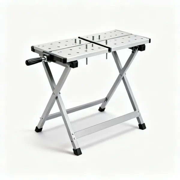 A folding portable workbench with a split clamping top and pegs