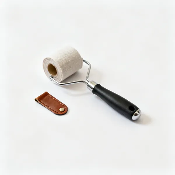 Finger protection: A small leather finger guard tab beside a roll of fabric tape