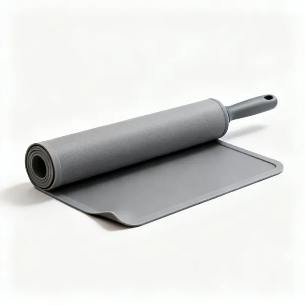 Heat resistant mat: A rolled grey silicone heat resistant work mat with one corner turned back, centred with clear space at every edge