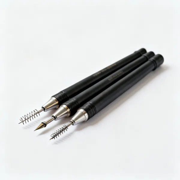 Interchangeable pens: Three pyrography pens with different wire nibs fitted, laid side by side