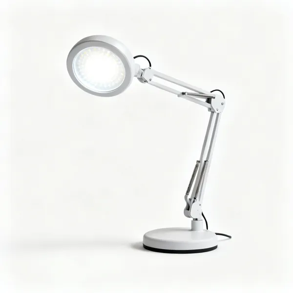 An adjustable arm LED task lamp with a round head