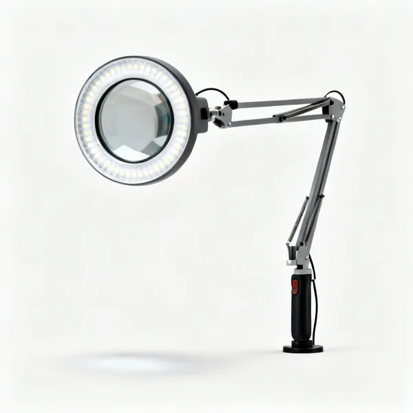 Magnifier: A magnifying lamp with a large lens, an LED ring and an adjustable arm