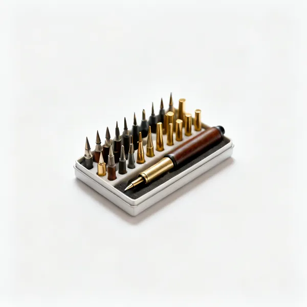 Nib set: An assortment of pyrography nibs and brass tips in a small case