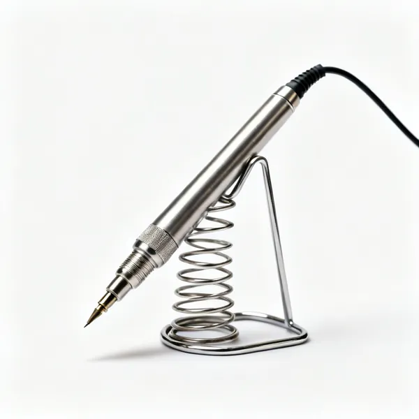 A metal pyrography pen rest stand with a coiled cradle