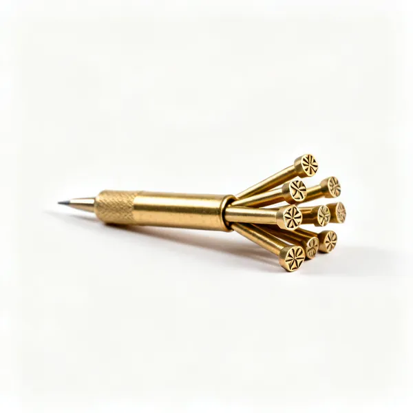 A set of small brass pyrography stamping tips with patterned faces