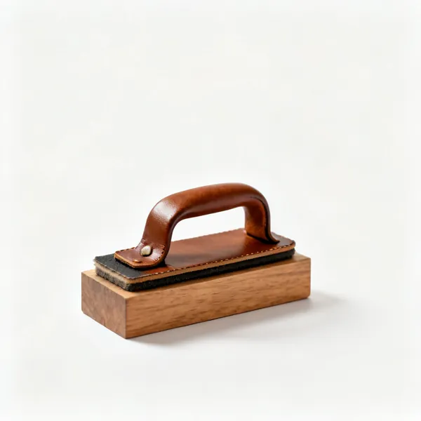 Nib strop: A small leather strop pad on a wooden block