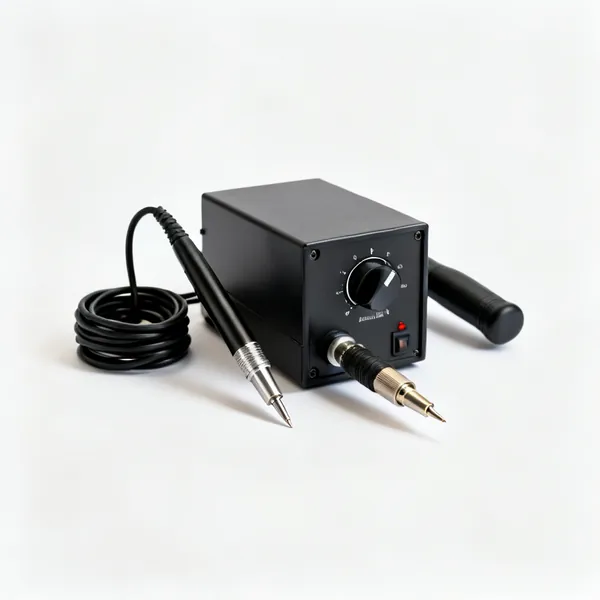 A pyrography wire nib machine control box with a heat dial, its pen resting against it and the cord coiled compactly, centred with clear space at every edge