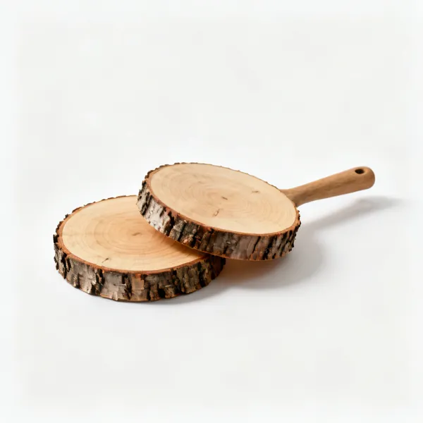 Wood slices: Two round wooden log slices with bark edges