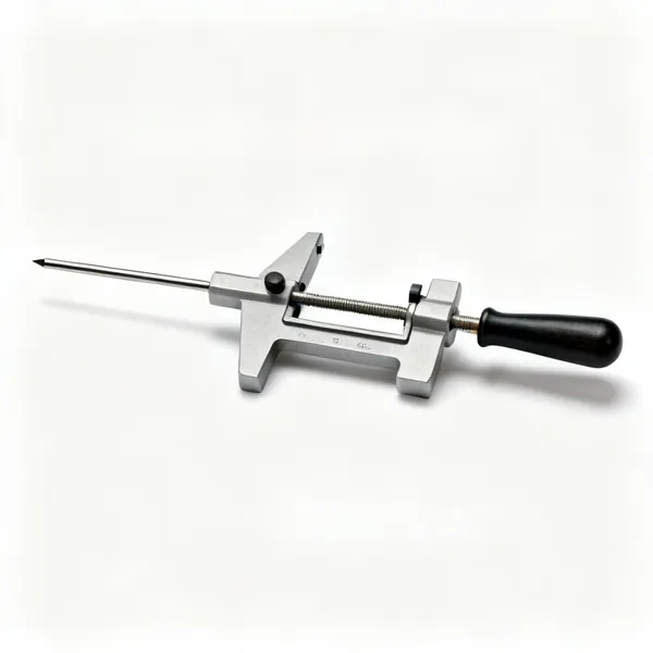 A wood turning depth gauge with a sliding pin and a crossbar
