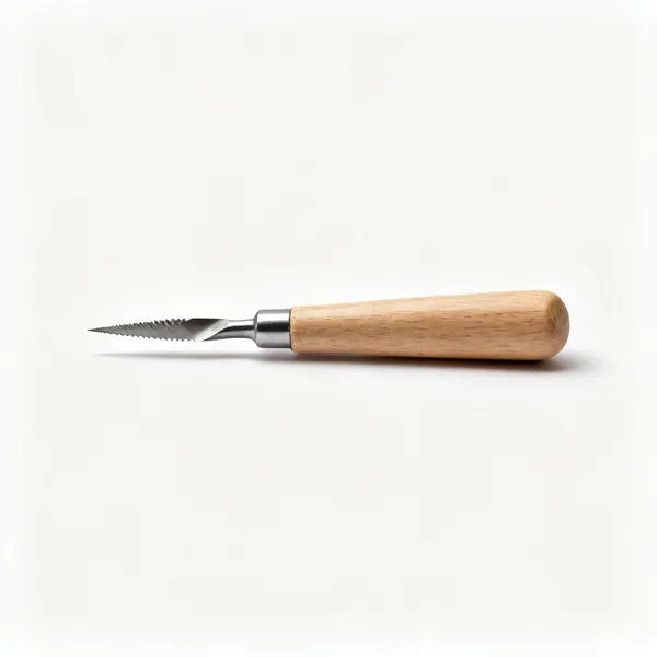 A small wood turning detail gouge with a narrow flute and a fine ground tip