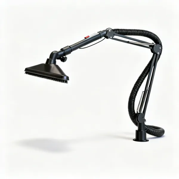 A flexible dust extraction hood on an articulated arm with a hose