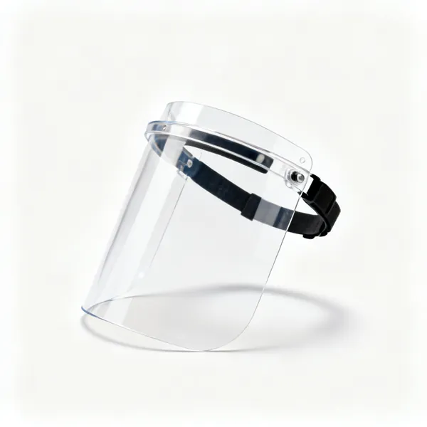 A clear polycarbonate face shield with a headband and a pivoting visor