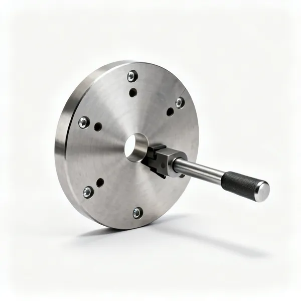 A round steel wood lathe faceplate with several mounting screw holes