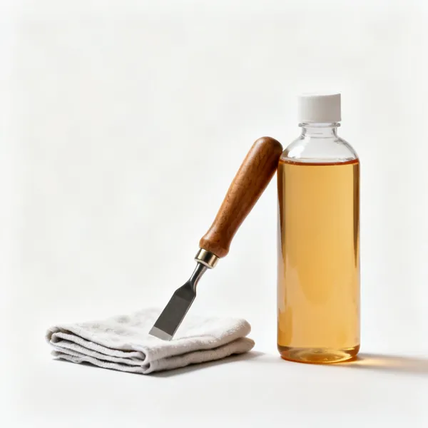 A bottle of wood turning finishing oil beside a folded cloth