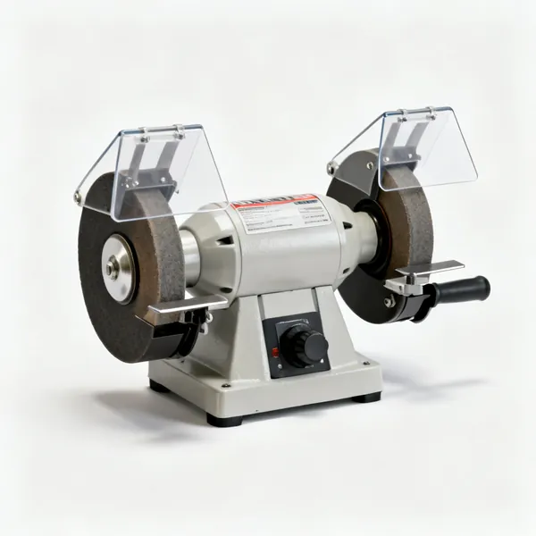 A bench grinder with two wheels, guards and a tool rest
