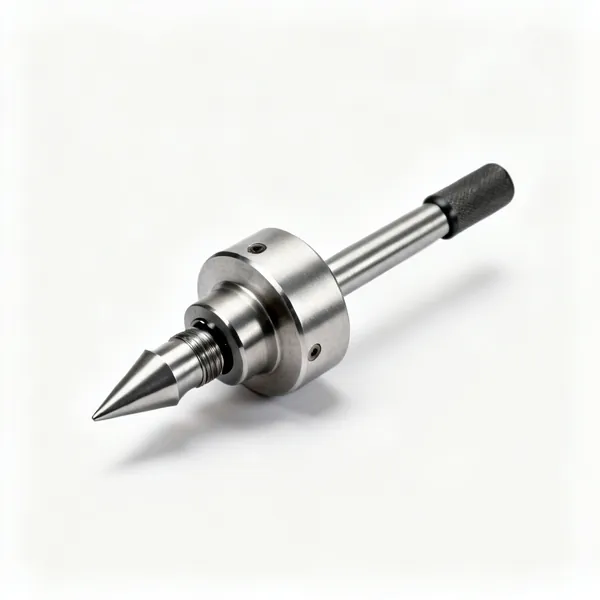 A steel wood lathe revolving live centre with a pointed tip and a morse taper