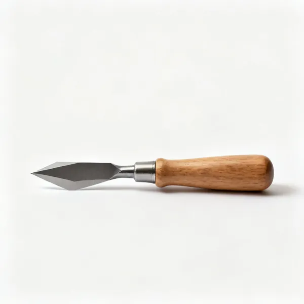 A wood turning parting tool with a narrow deep diamond section blade