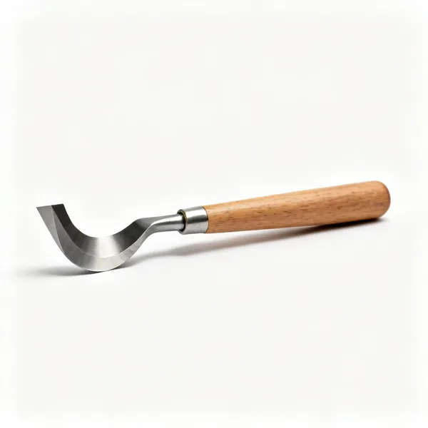 A wood turning roughing gouge with a wide shallow U flute and a long wooden handle