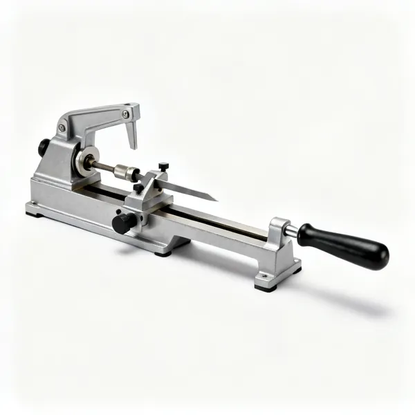 A metal wood turning tool sharpening jig with an adjustable arm and a tool holder