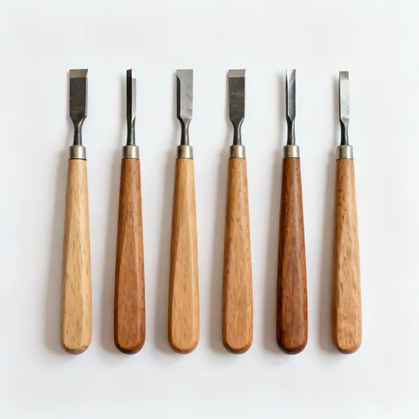 Starter tool set: A set of six wood turning tools with long wooden handles laid side by side