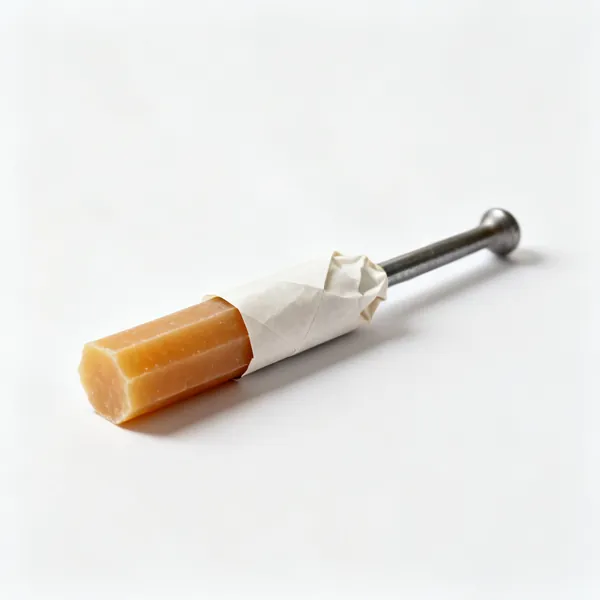 A stick of solid turning wax with a paper wrapper