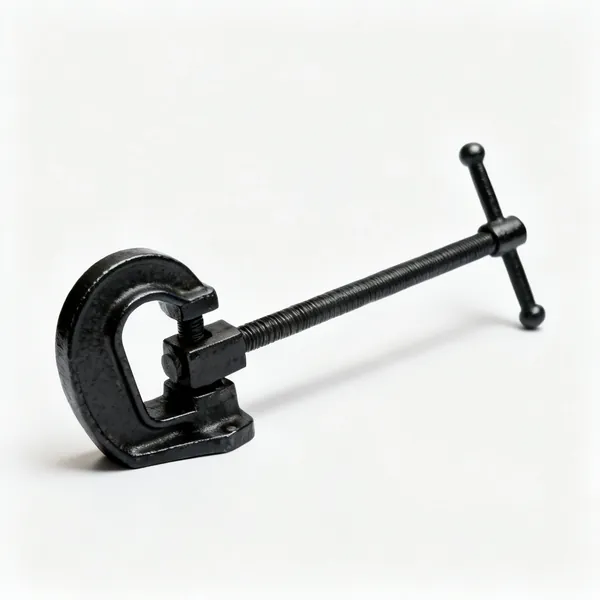 A black iron bench holdfast with a curved arm and a long shaft