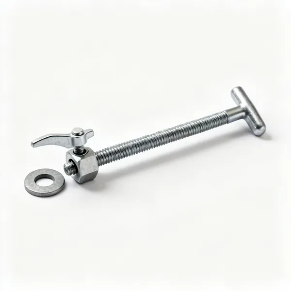 Carver's screw: A long threaded carver's bench screw with a wing nut and a washer