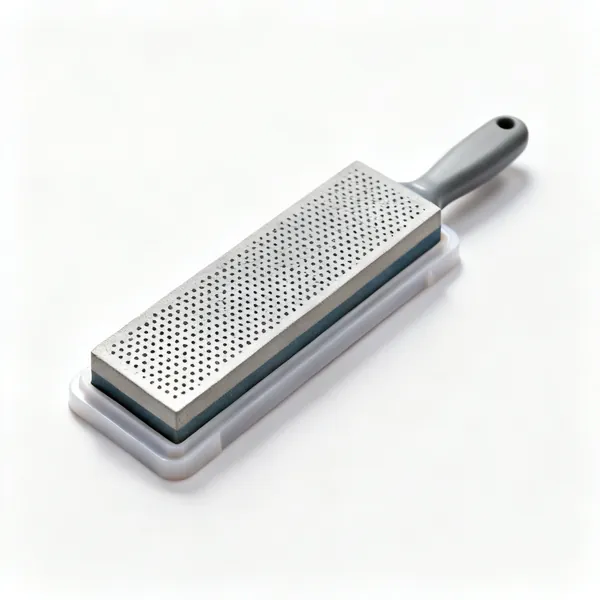 Diamond stone: A rectangular diamond sharpening stone with a perforated surface on a plastic base