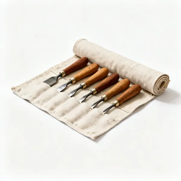Beginner gouge set: A set of six wood carving gouges with wooden handles laid out in a canvas roll