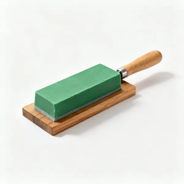 A green bar of honing compound on a wooden surface