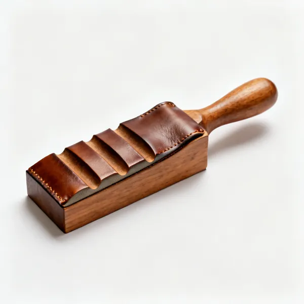 Shaped strop: A wooden shaped carving strop block with several grooved profiles covered in leather