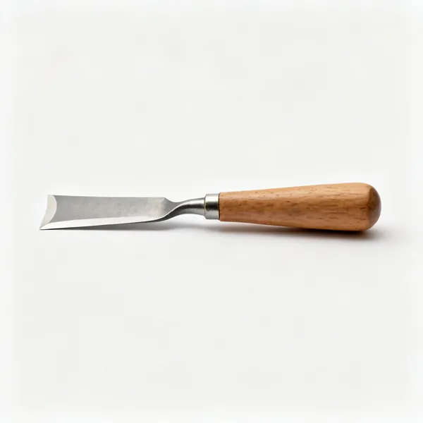 A wood carving straight gouge with a shallow curved cutting edge and a wooden handle