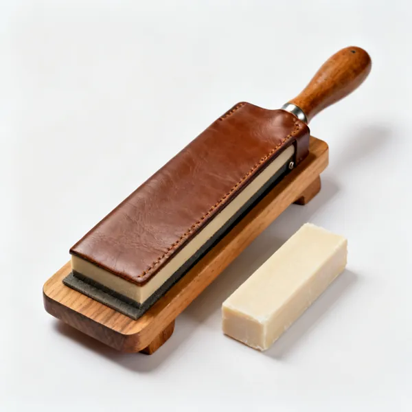 A leather strop on a wooden paddle with a bar of honing compound beside it