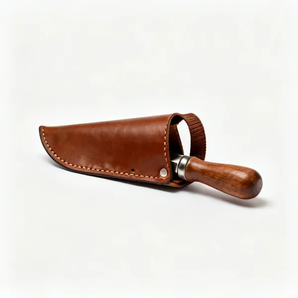 A brown leather carving thumb guard with an elastic strap
