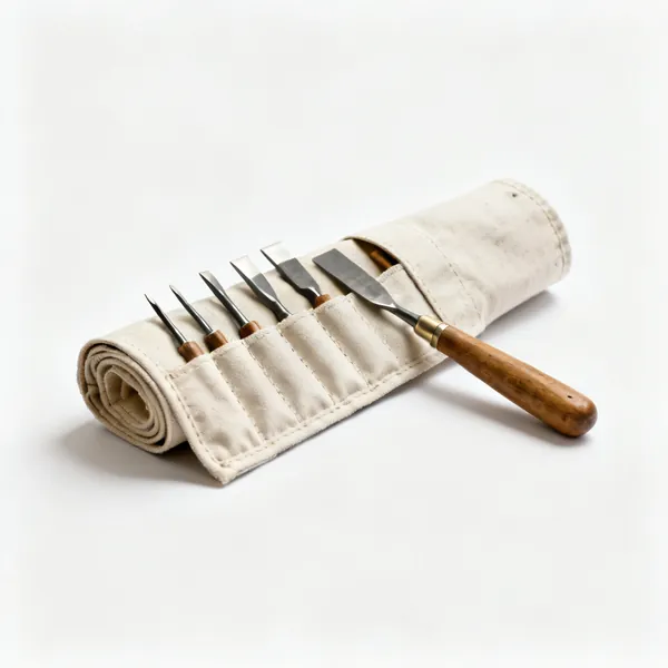 A rolled canvas tool roll with individual pockets holding carving gouges