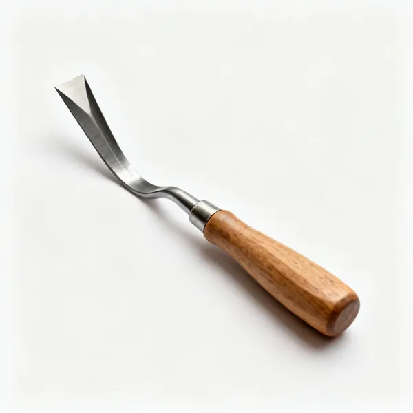 A wood carving veiner gouge with a deep narrow U cutting edge and a wooden handle