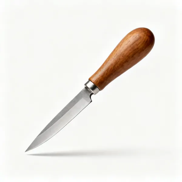 A whittling knife with a short straight blade and a rounded wooden handle
