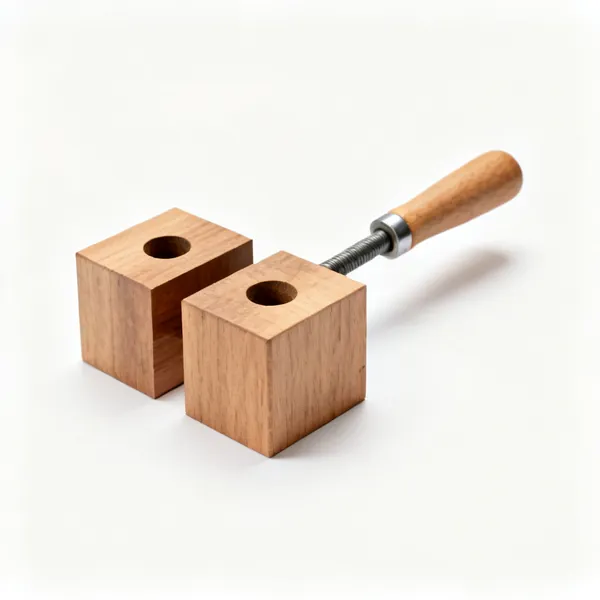A pair of square wooden bench dogs in bench top holes