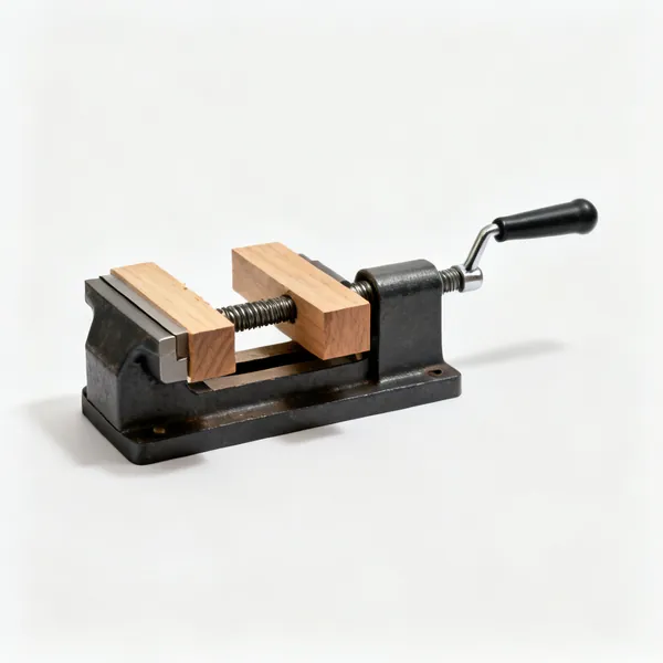 A woodworking bench vice with wooden jaw faces and a screw handle