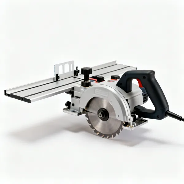 A biscuit joiner with a fence and a circular blade