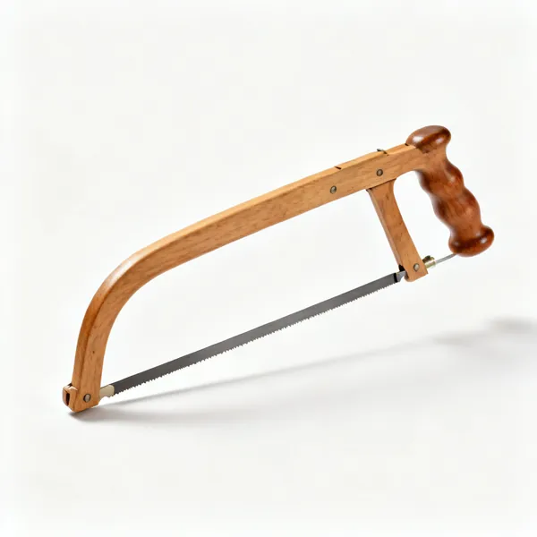 A wooden bow saw with a tensioned narrow blade and turned handles