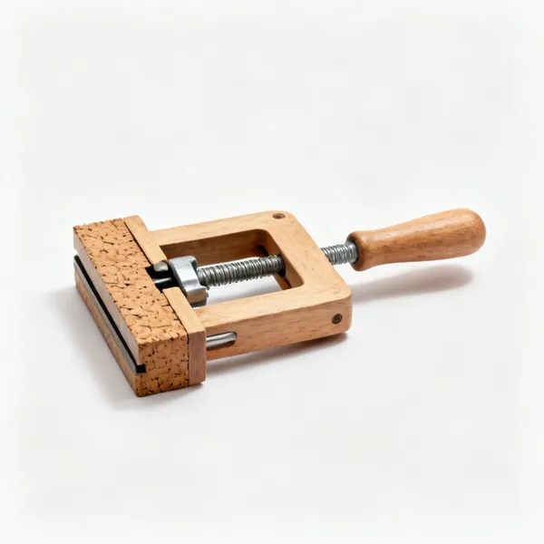 A wooden cam clamp with cork lined jaws