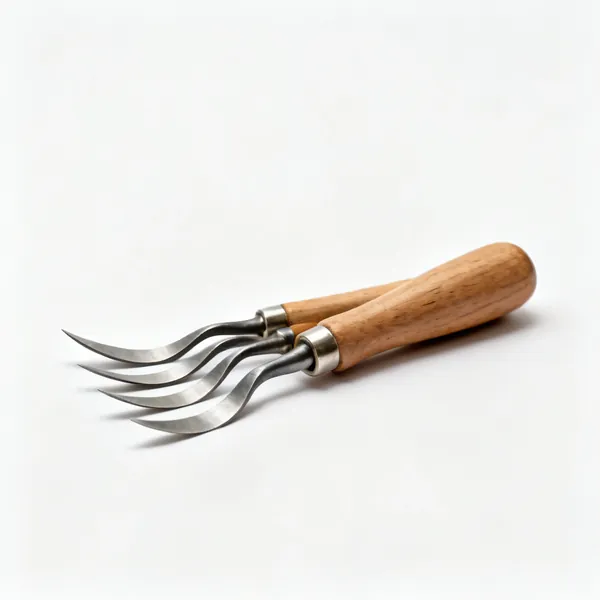 A set of woodcarving gouges with varied curved blades