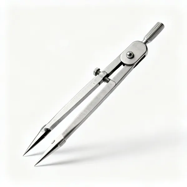 A pair of steel dividers with sharp points and an adjusting screw