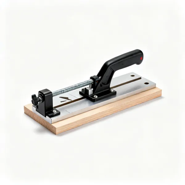 A dovetail jig template clamped to a board