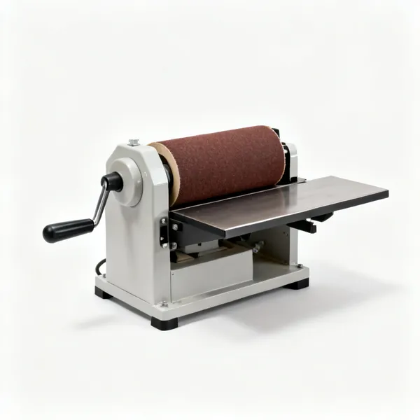 A benchtop drum sander with a wide abrasive drum and feed table