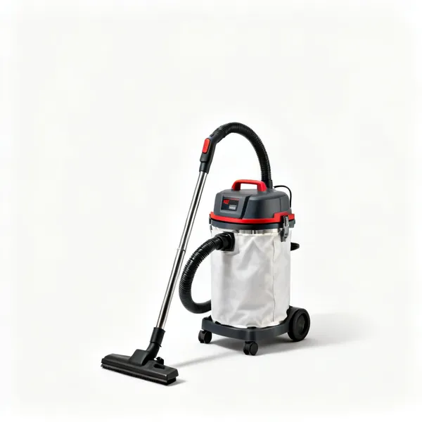 A workshop dust extractor with a collection bag and hose